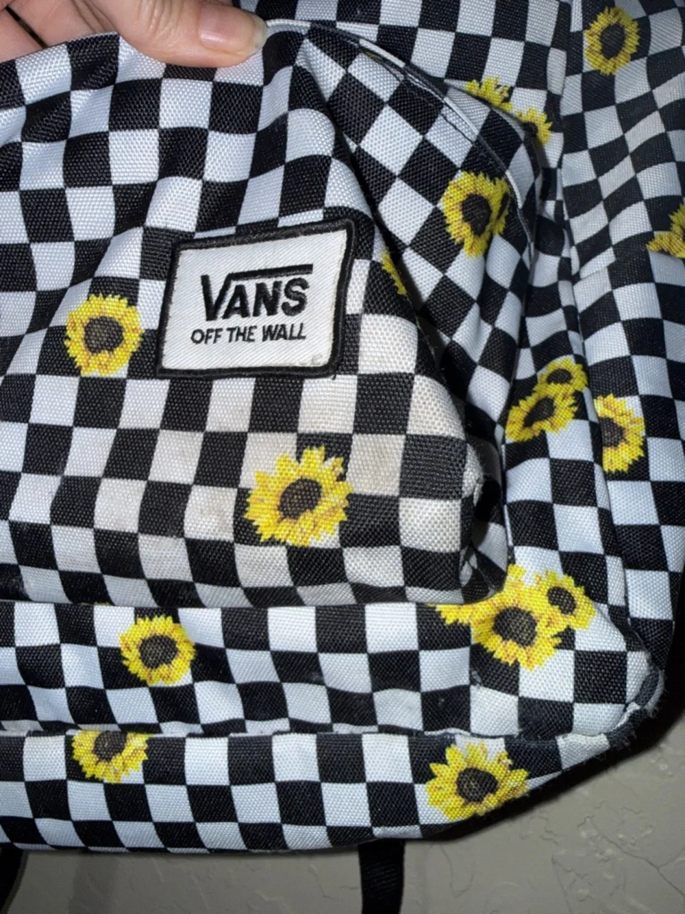 Vans black and white checker print sunflowers school size backpack